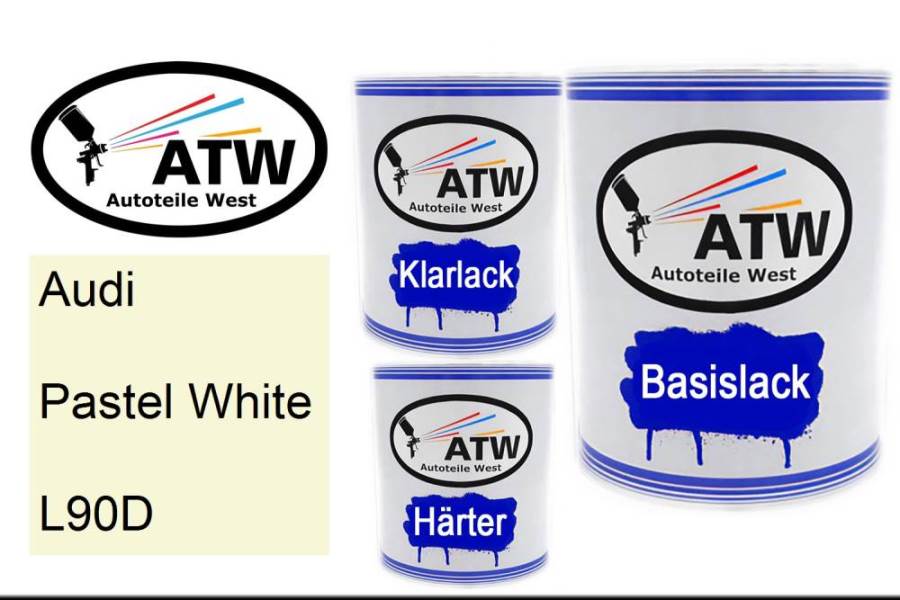 Audi, Pastel White, L90D: 1L Lackdose + 1L Klarlack + 500ml Härter - Set, von ATW Autoteile West.